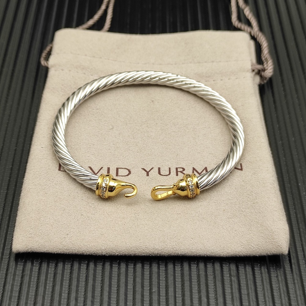 David Yurman​ Silver Cable Bracelet with Gold Clasp and Pavé. 5mm